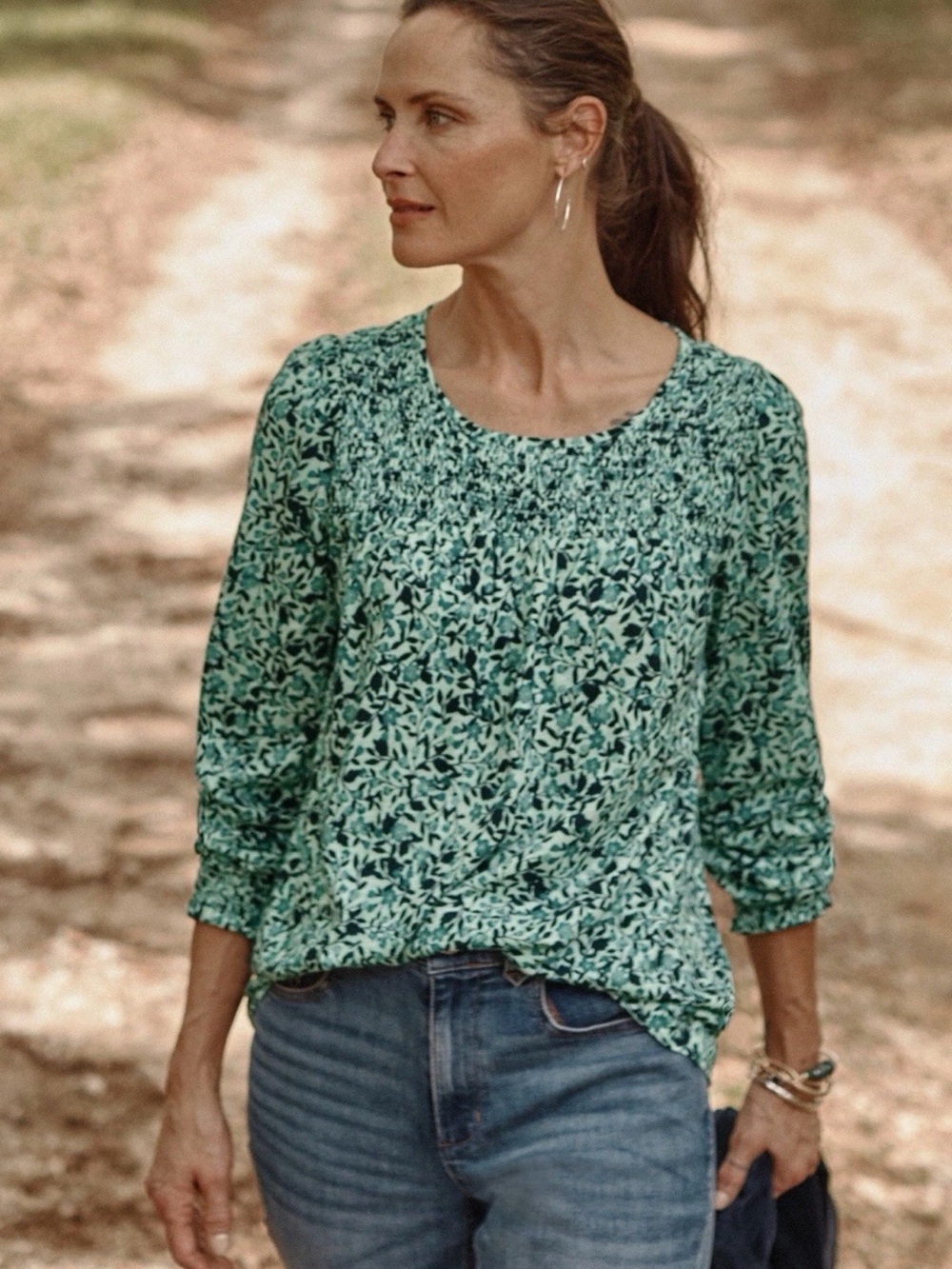 J Jill Floral Smocked Blouse Teal Cotton Modal Boho Peasant Top Size Large